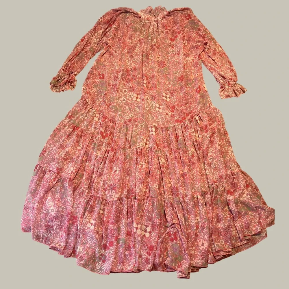 Free People Women's Small Dress Pink Floral Tiered Ruffle Boho Long Sleeve Midi